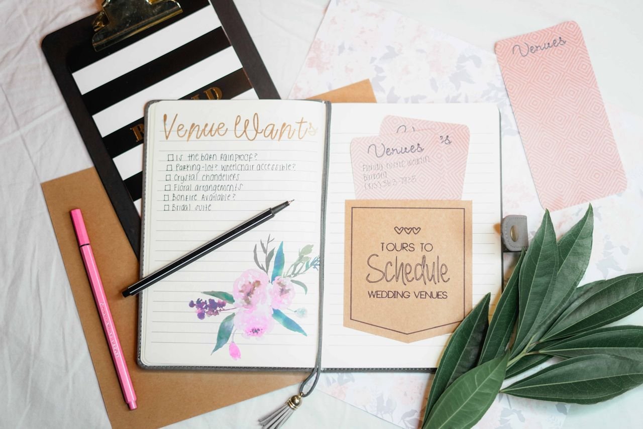 about-01 Flat lay of wedding planning materials including a journal, leaves, and stationery.